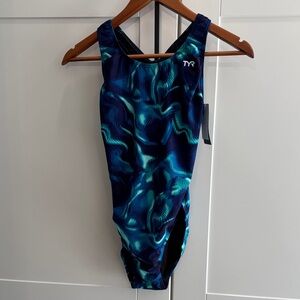 TYR Navy and Teal Wave-Pattern One-Piece Swimsuit